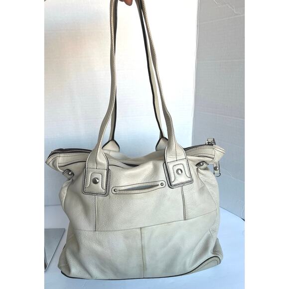 B. Makowsky Cream Off White Pebble Leather Brown Stitching Hobo XL Shoulder Bag - Picture 5 of 14